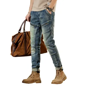 Vaqueros de moto ajustados y elásticos para hombre con detalles de cremallera elegantes.