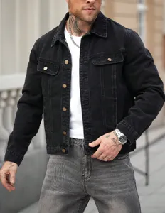 Men's black denim jacket casual long sleeve streetwear vintage lapel button up coat outerwear