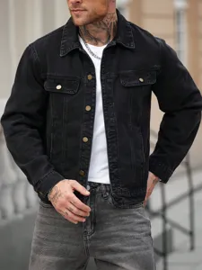 Close-up detail of stylish men black denim jacket with white t-shirt and grey jeans fashion.