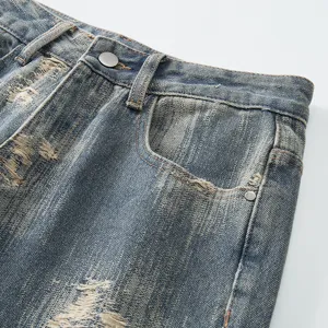 Jean destroy rétro lavé pour homme, style streetwear américain vintage coupe ample pantalon tendance