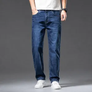 Men's casual straight leg stretch dark blue denim jeans, perfect for daily wear and modern life.