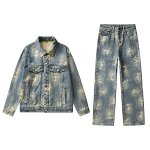 Ensemble veste et pantalon en denim lave detruit retro pour homme style streetwear