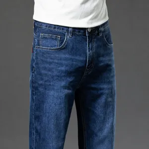 Men's dark blue straight stretch denim jeans casual trousers summer wear main product view.