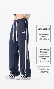 Mens tall loose straight casual sweatpants detail shot showing side stripes and drawstring waist.