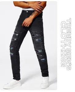 Men's ripped slim fit stretch jeans casual denim trousers with stylish knee panels.