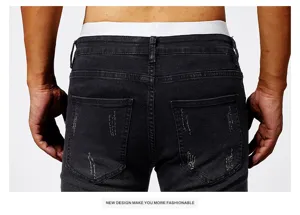 Men black ripped stretch skinny jeans back view slim fit casual trousers fashion denim pants