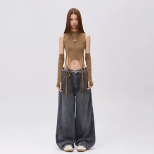 Damen Casual Lockere Passform Gerade Weite Hose Denim Pants Distressed Gewaschen Baumwolle Lange Jeans Streetwear Mode