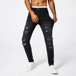 Men's Slim Fit Distressed Ripped Jeans Black Stretch Patchwork Denim Casual Pants