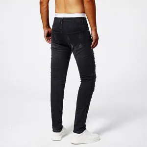 Men's black ripped skinny jeans, stretchy slim-fit casual denim pants for daily wear.