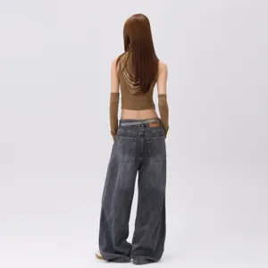 Schwarze gewaschene verwitterte Vintage Jeans mit weitem Bein lässige stylische Damen Hosen