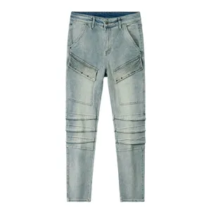 Jean de motard homme slim extensible delave bleu clair avec panneaux plisses genoux vue