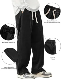 Men's Black Corduroy Wide Leg Casual Trousers with Adjustable Drawstring and Pockets