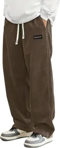 Men's brown corduroy casual pants, loose fit straight trousers with drawstring and pocket detail.