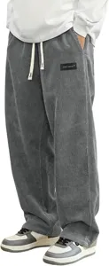 Men's casual corduroy pants spring new loose fit elastic trousers with drawstring gray.
