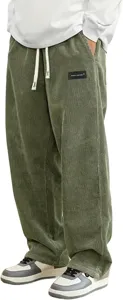 Men's olive green corduroy casual pants, loose fit straight leg trousers with drawstring waist.