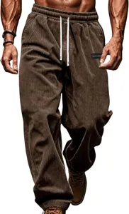 Men's brown corduroy casual pants loose straight leg trousers with white drawstring detail