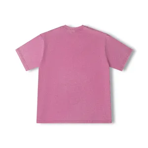 Back view of pink vintage washed short sleeve t-shirt, showing casual heathered texture.
