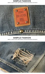 Men's vintage denim vest jacket with distressed details, cool retro sleeveless workwear top.