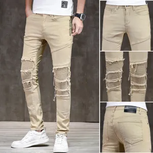 Herren khaki distressed Biker Jeans mit Stretch Slim Fit Knie Patch Denim Hosen
