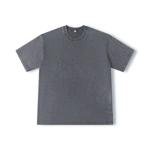 Close up shot showing the detailed dark grey vintage washed short sleeve t-shirt fabric.