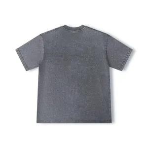 Vintage acid washed dark grey t-shirt back view, casual loose fit short sleeve basic top.