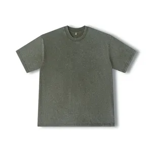 Vintage washed military green short sleeve t-shirt close up, casual loose fit basic tee.