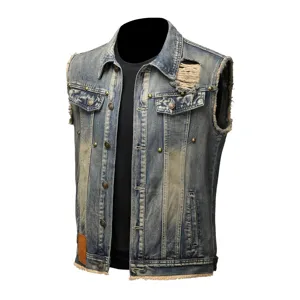 Men's Vintage Washed Denim Vest Casual Sleeveless Multi Pocket Cargo Waistcoat