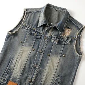 Men's vintage distressed denim vest with multiple pockets and lapel for autumn spring.