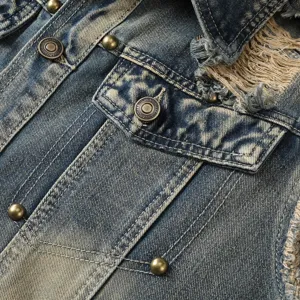Men's vintage distressed denim vest main view, casual sleeveless jacket with pockets.