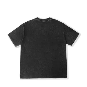 Vintage distressed washed short sleeve t-shirt, loose basic dark grey tee back view.