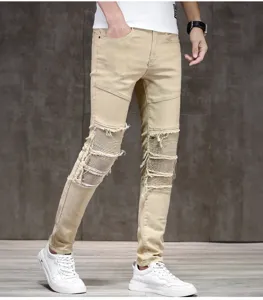 Herren Freizeit Stretch Biker Jeans Detail, zerstörte Falten Knie Design, schmale Jeans.