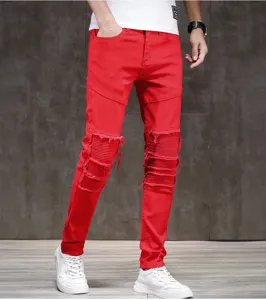 Rote Biker Jeans für Herren mit Kniefalten und Destroyed Details aus elastischem Denim.