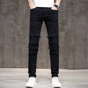 Herren Casual Slim Fit Gerade Jeans Amerikanischer Biker Stil Distressed Patchwork Stretch Denim Lange Hose