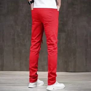 Herren rote Destroyed Jeans casual Stretch Denim Hose modische Biker Freizeithose