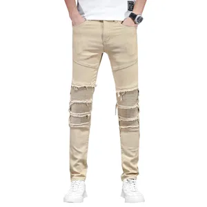 Herren Khaki Destroyed Biker Jeans Slim Fit Stretch Denim Hose mit Plissee Knie Details.