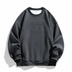 Sudadera de cuello redondo con forro polar hombre gris oscuro casual invierno top