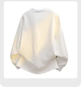 White crewneck sweatshirt back detail, featuring decorative line design for casual wear.