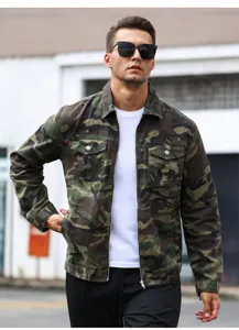 Detailed view of men's camo denim jacket, stylish casual streetwear outerwear design.