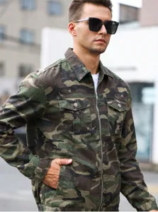 Detailed view of men's camouflage denim jacket, featuring classic camo print and zip-up front.