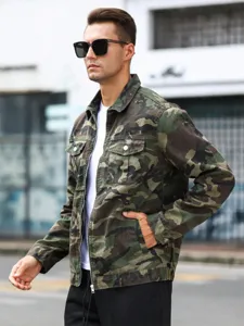 Men's camouflage denim jacket with front pockets, zip closure, and lapel collar design.