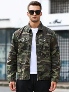 Men's camouflage denim jacket tactical streetwear style outerwear with full zip closure.