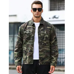 Men's camouflage denim jacket, casual streetwear outerwear with classic collar and zipper.