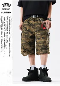 Mens vintage camo cargo shorts loose fit distressed stonewash streetwear summer casual pants