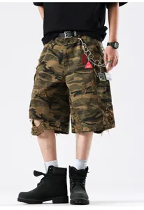 Distressed camouflage cargo shorts with multi pockets and chain detail for men streetwear style.