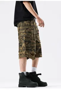 Men vintage camo cargo shorts distressed washed loose fit multi-pocket streetwear summer