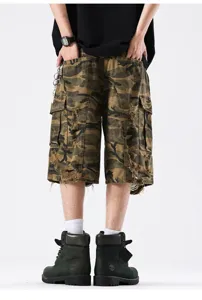 Mens vintage washed camouflage cargo shorts loose fit distressed casual streetwear style.