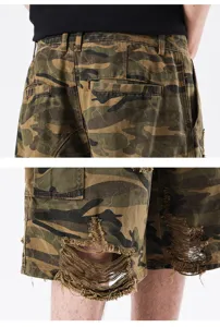 Close-up details of vintage camo cargo shorts showing distressed ripped knees and back pockets.