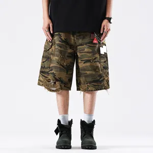 Men's American Retro Camouflage Cargo Shorts Heavyweight Washed Distressed Loose Wide Leg Multi-Pocket Streetwear Work Bottoms
