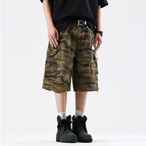 Men's camo cargo shorts, vintage distressed loose fit knee length streetwear style for summer.