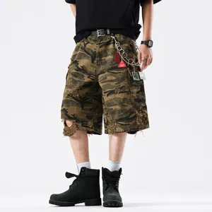 Mens washed distressed camouflage cargo shorts vintage loose wide leg streetwear summer
